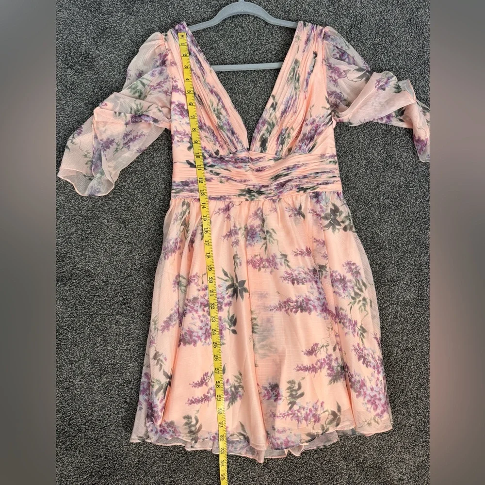 Ieena for Mac Duggal Pink Floral Flutter Sleeve Deep V Neck Mini Dress Size 6 - Picture 16 of 16